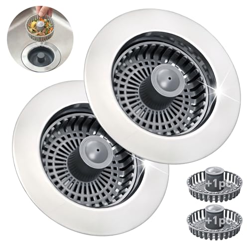 Blazeavian Kitchen Sink Stopper, 3 in 1 Pop Up Kitchen Sink Drain Strainer, with an Extra Basket Strainer, Sink Drain Stopper for US Standard 3-1/2 Inch, Brass Material Electroplate (Silver 2pcs) - Image 1