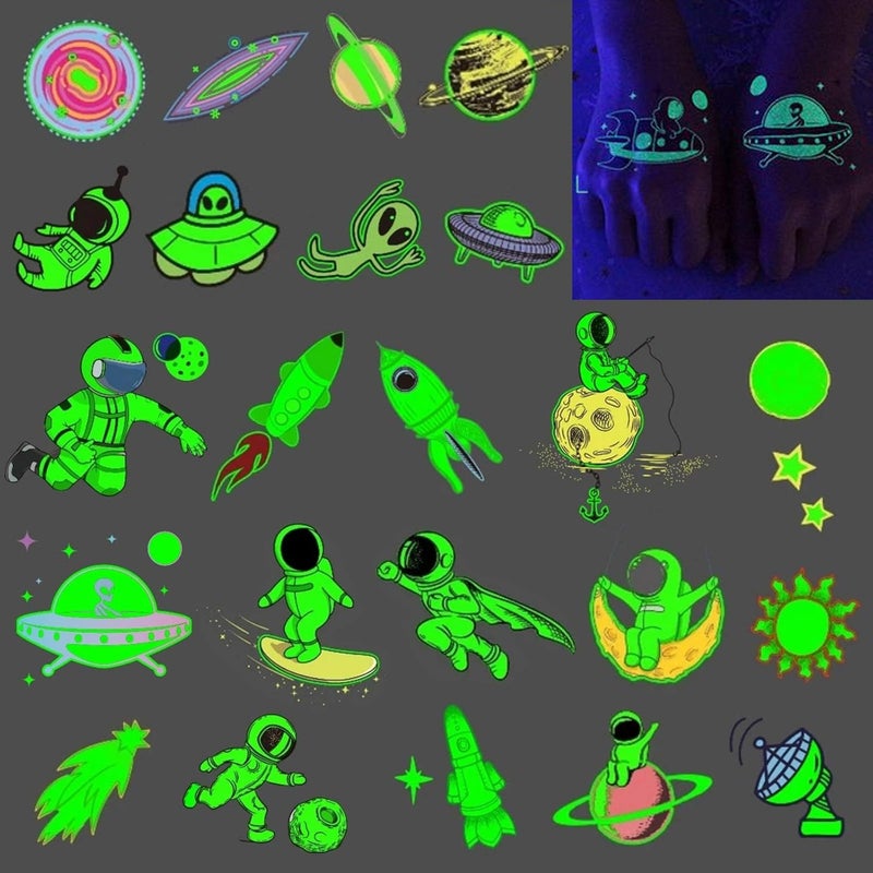 Ooopsiun Ooopsiun Space Tattoos for Boys Glow in The Dark - 90 Luminous Styles, Space Birthday Party Decorations Favors for Kids Boys