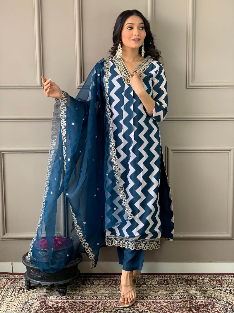 Naixa Women's French Crepe with Cotton Lining Embroidered and Printed Straight Kurta with Pant and Dupatta Sets (NX-541-Petrol-XS) - Image 2