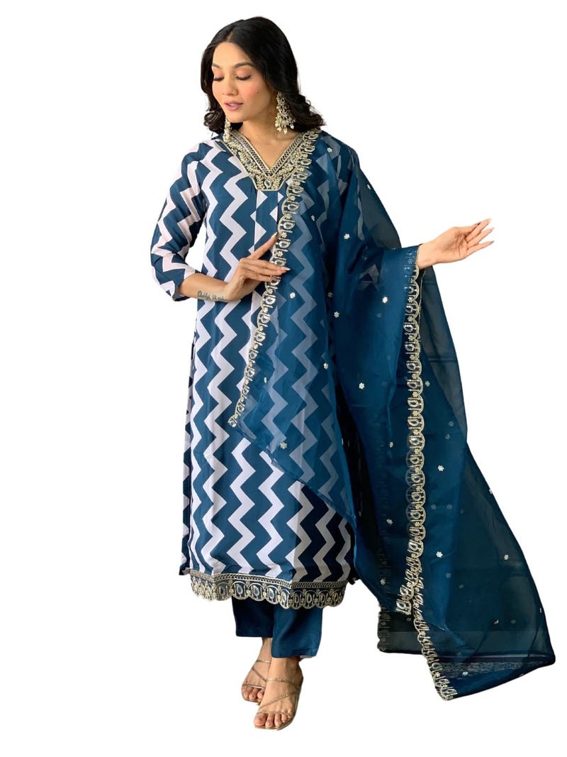 Naixa Women's French Crepe with Cotton Lining Embroidered and Printed Straight Kurta with Pant and Dupatta Sets (NX-541-Petrol-XS) - Image 1