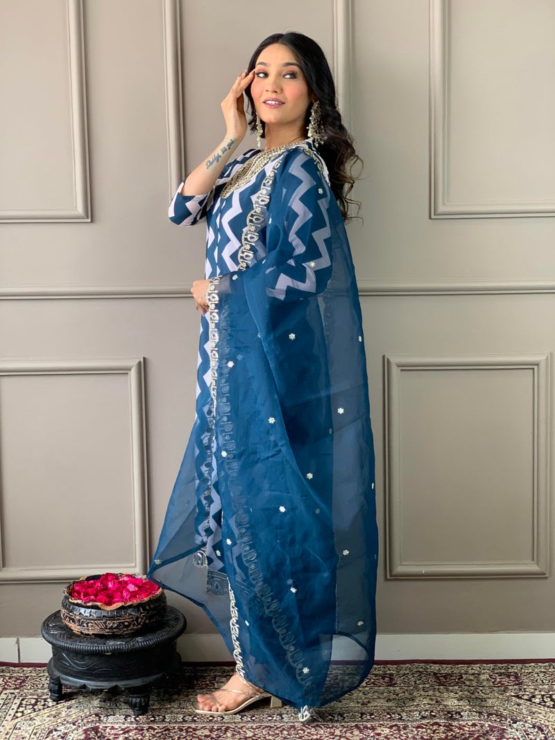 Naixa Women's French Crepe with Cotton Lining Embroidered and Printed Straight Kurta with Pant and Dupatta Sets (NX-541-Petrol-XS) - Image 3