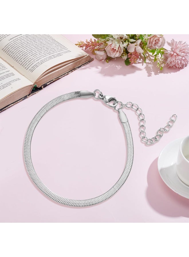 Julia Store 18K White Gold Plated Stainless Steel Herringbone Flat Snake Magic Chain Bracelet Vintage Shiny Chain for Men and Women Herringbone Bracelets Dainty Simple Stackable Bracelet Jewelry Gift - Image 5