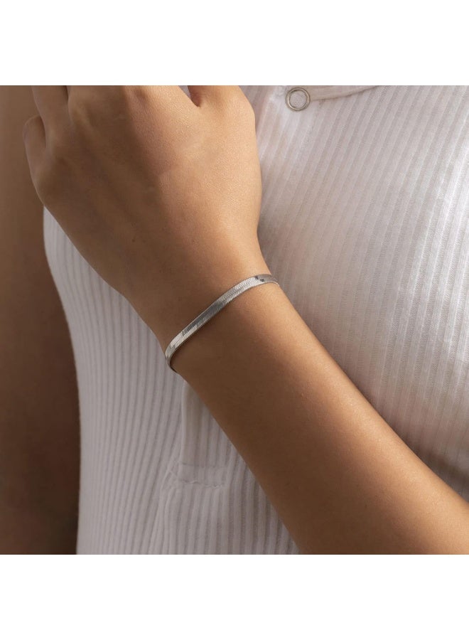 Julia Store 18K White Gold Plated Stainless Steel Herringbone Flat Snake Magic Chain Bracelet Vintage Shiny Chain for Men and Women Herringbone Bracelets Dainty Simple Stackable Bracelet Jewelry Gift - Image 3