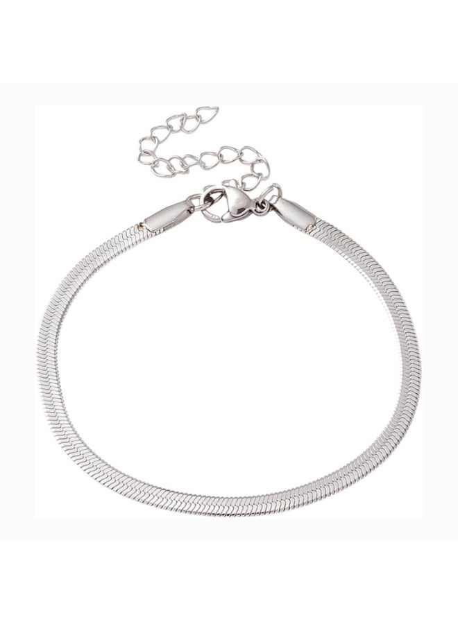 Julia Store 18K White Gold Plated Stainless Steel Herringbone Flat Snake Magic Chain Bracelet Vintage Shiny Chain for Men and Women Herringbone Bracelets Dainty Simple Stackable Bracelet Jewelry Gift - Image 1