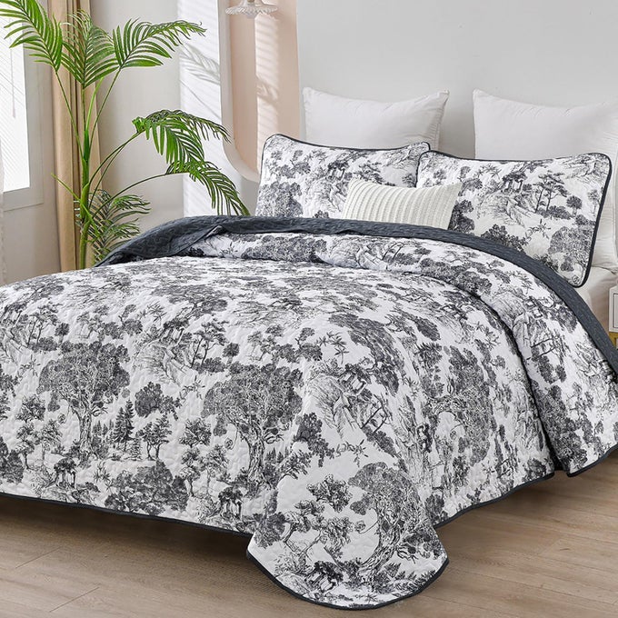 BOTANICAL QUILT SET QUEEN SIZE BLACK 3 PIECES TOILE FLORAL PLANTS PRINTED BEDSPREAD BEDDING SET SOFT LIGHTWEIGHT MICROFIBER COVERLET SET FOR ALL SEASON 96X90