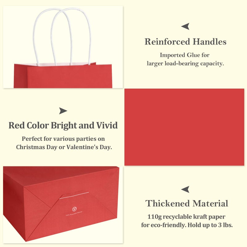 BagDream 5.25x3x8 Inch 100Pcs Small Gift Bags with Handles Red Kraft Paper Bags Bulk for Christmas, Wedding, Party Favors, Business, Retail, Grocery Paper Sacks - Image 4