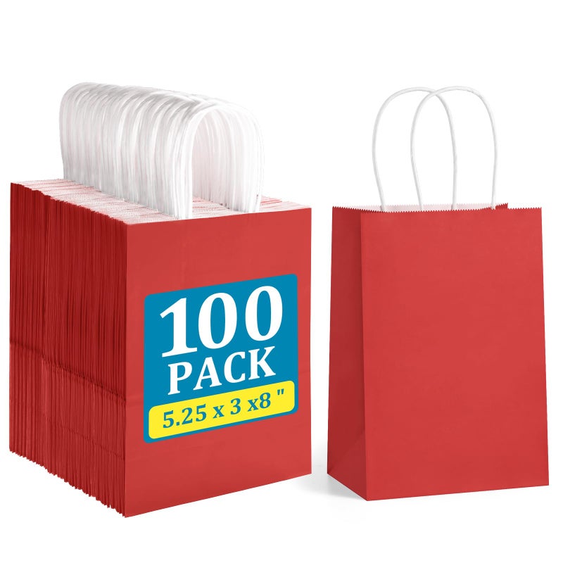BagDream 5.25x3x8 Inch 100Pcs Small Gift Bags with Handles Red Kraft Paper Bags Bulk for Christmas, Wedding, Party Favors, Business, Retail, Grocery Paper Sacks - Image 1