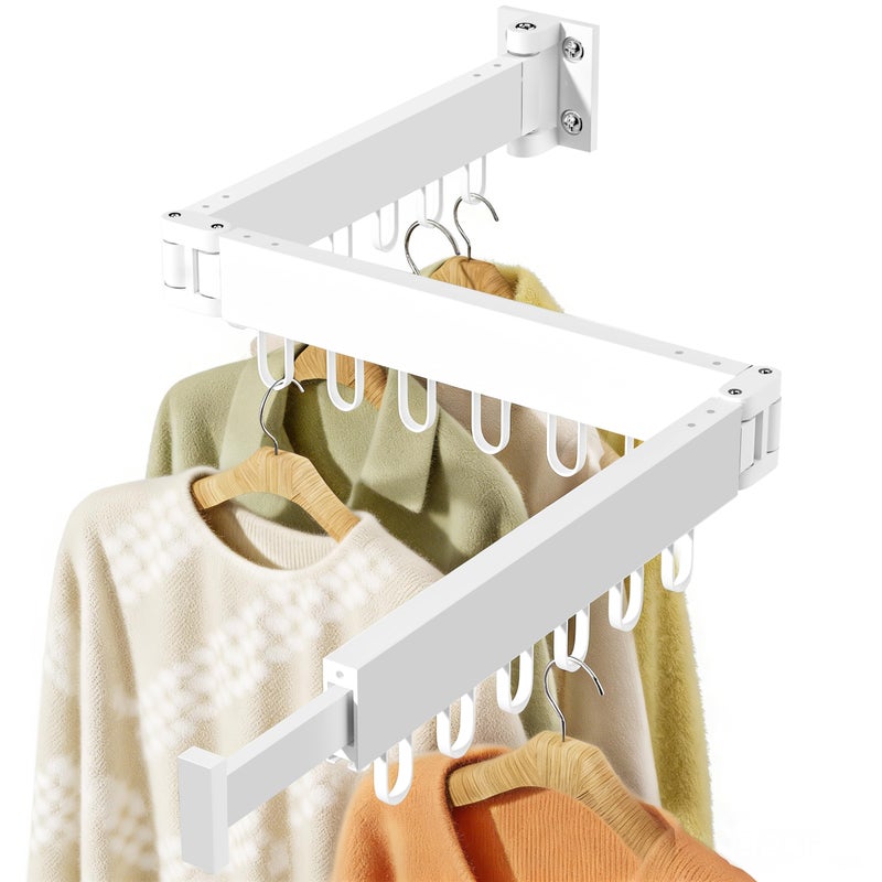 JAUREE Clothes Drying Rack Wall Mounted SpaceSaving Drying Rack Clothing Collapsible Foldable Retractable Laundry Rack with 18 Hooks IndoorOutdoor White - Image 2