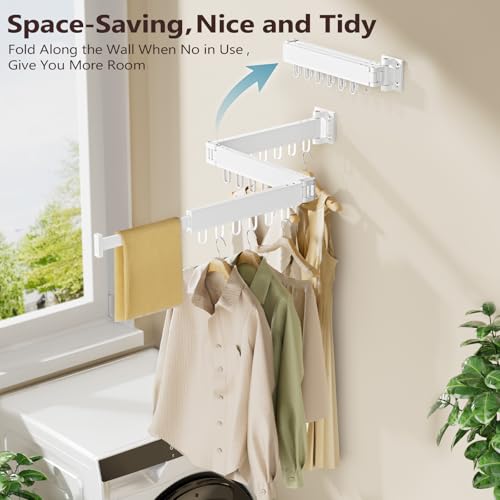 JAUREE Clothes Drying Rack Wall Mounted SpaceSaving Drying Rack Clothing Collapsible Foldable Retractable Laundry Rack with 18 Hooks IndoorOutdoor White - Image 3