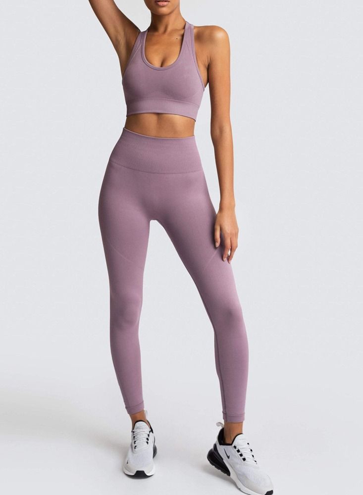 Loquat Fitness Back Bra Solid Color Sports Set Purple - Image 1