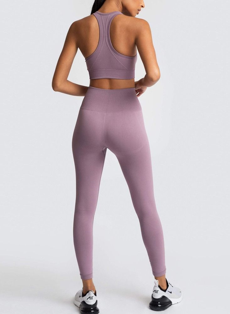 Loquat Fitness Back Bra Solid Color Sports Set Purple - Image 2