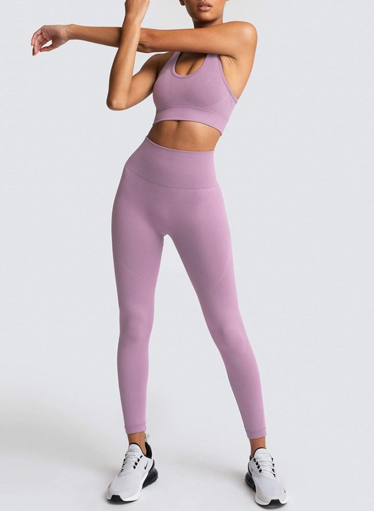 Loquat Fitness Back Bra Solid Color Sports Set Purple - Image 3