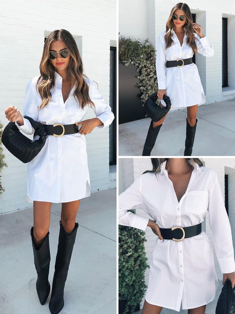 Aoudery Womens Button Down Shirt Dresses with Pockets Cotton Button Up Tunics Long Sleeve Solid High Low Blouse Tops-White XLarge - Image 4