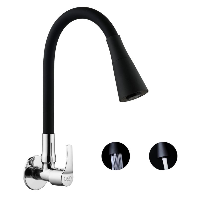 SPAZIO Topaz Brass Sink Cock TapSink Faucet with Black 360 Degree Flexible Silicon Swivel Spout Dual Flow Pattern HotCold Water for Kitchen Sink Wash Basin Chrome Finish with Wall Flange - Image 1