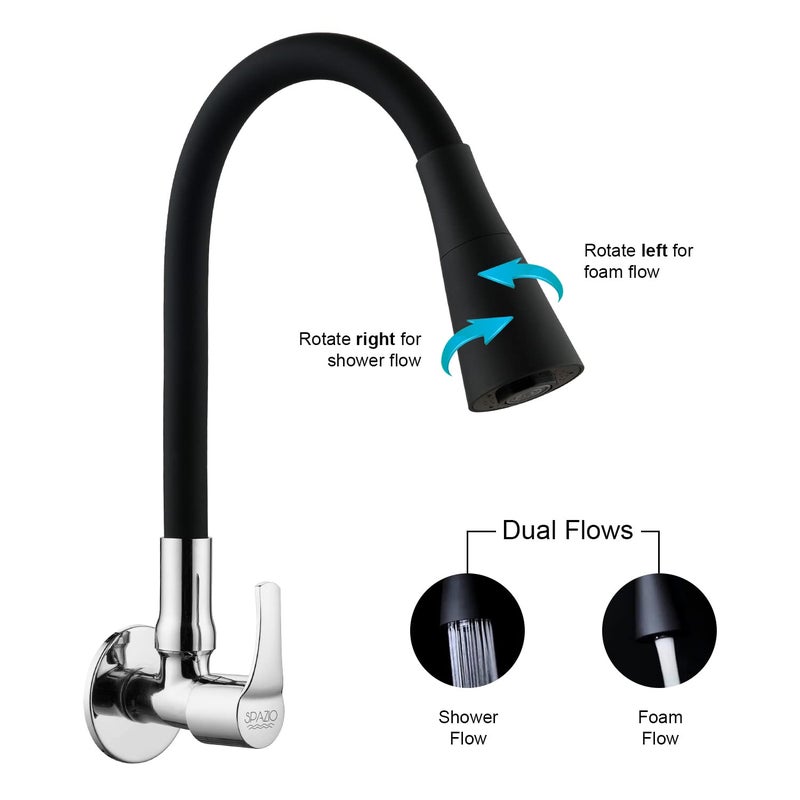 SPAZIO Topaz Brass Sink Cock TapSink Faucet with Black 360 Degree Flexible Silicon Swivel Spout Dual Flow Pattern HotCold Water for Kitchen Sink Wash Basin Chrome Finish with Wall Flange - Image 4