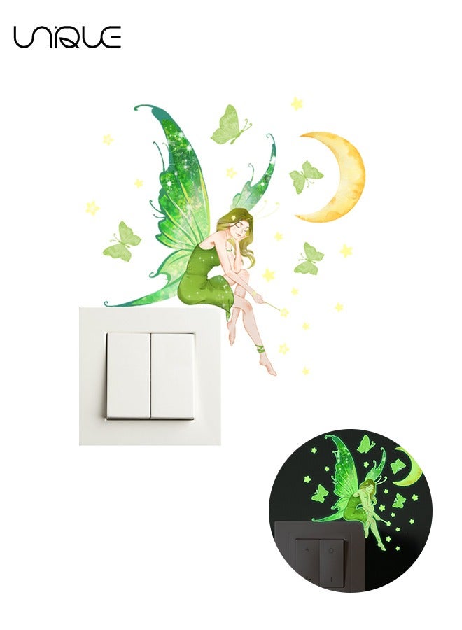 Unique Butterfly Fairy Luminous Wall Decal Sticker, Lovely Light Switch Wall Sticker, Cartoon Princess Wings Light Switch Decorative Sticker (Green) - Image 1