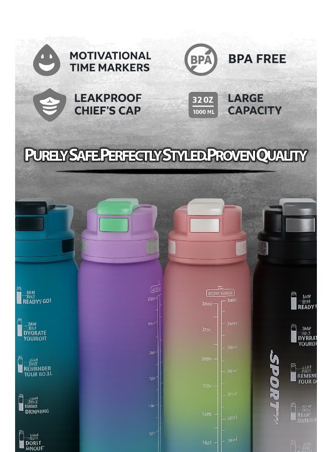 توشيونيكس زجاجة مياه رياضية تحفيزية سعة 1000 مل مع علامات زمنية، وغطاء يعمل بلمسة واحدة، وقشة مدمجة قابلة للطي، ومقبض حمل واحد وغطاء غير قابل للانزلاق - خالية من مادة BPA، وغطاء مانع للتسرب، وصديقة للبيئة، مصنوعة من البلاستيك، وقابلة لإعادة الاستخدام، وزجاجة مياه تذكيرية للشرب للبالغين والأطفال في المدرسة والمكتب والترطيب اليومي والصالة الرياضية واللياقة البدنية والأنشطة الخارجية والرياضة والسفر، زجاجة سعة 32 أونصة - Image 2
