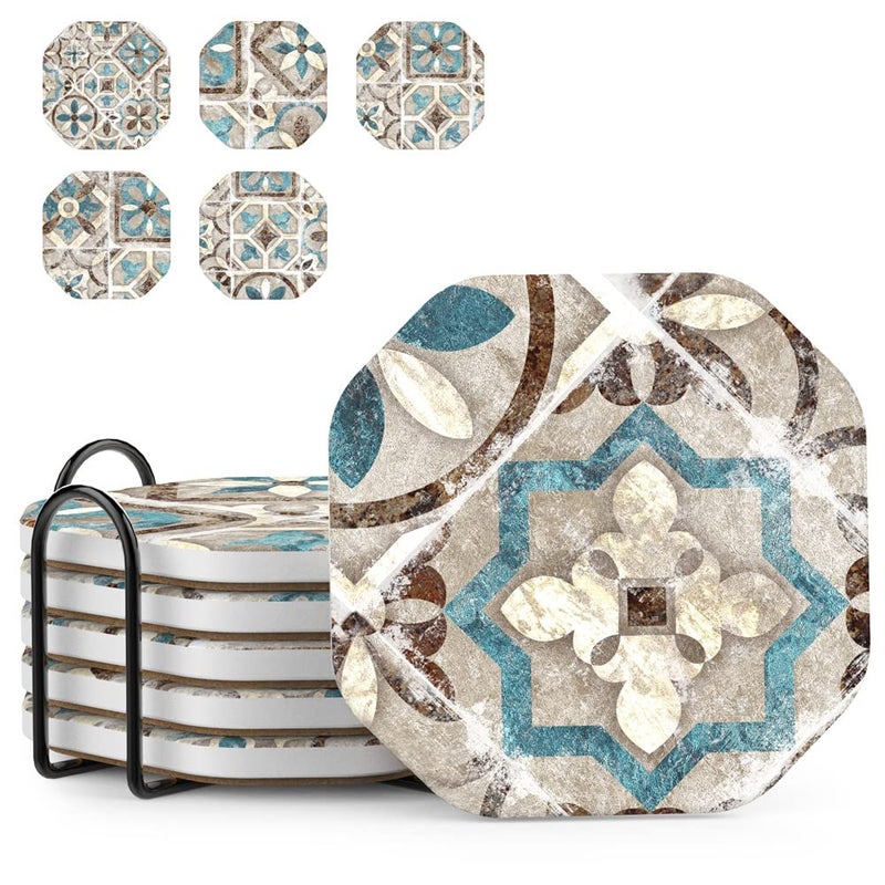 UMIRRO Ceramic Stone Coasters for Drinks Absorbent with Holder | Agate Style Coasters Set with White Marble Texture Background | Cool Cup Mat with Geode Pattern | Unique Fancy Tabletop Protection Mat - Image 1