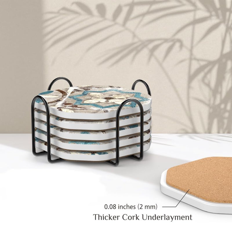 UMIRRO Ceramic Stone Coasters for Drinks Absorbent with Holder | Agate Style Coasters Set with White Marble Texture Background | Cool Cup Mat with Geode Pattern | Unique Fancy Tabletop Protection Mat - Image 5