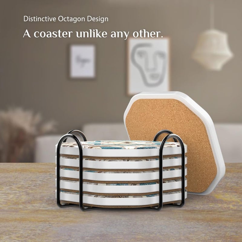 UMIRRO Ceramic Stone Coasters for Drinks Absorbent with Holder | Agate Style Coasters Set with White Marble Texture Background | Cool Cup Mat with Geode Pattern | Unique Fancy Tabletop Protection Mat - Image 4