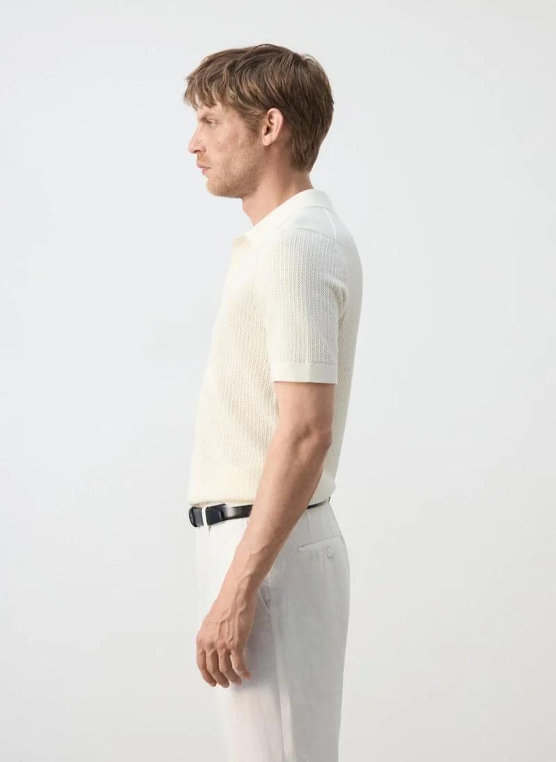 Mango Man 02-OFFWHITE Open-Knit 100% Cotton Polo for Men | Best Price UAE