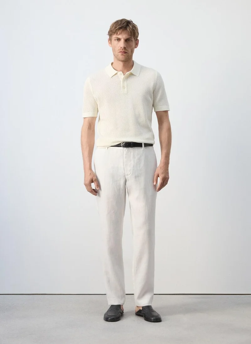 Mango Man 02-OFFWHITE Open-Knit 100% Cotton Polo for Men | Best Price UAE