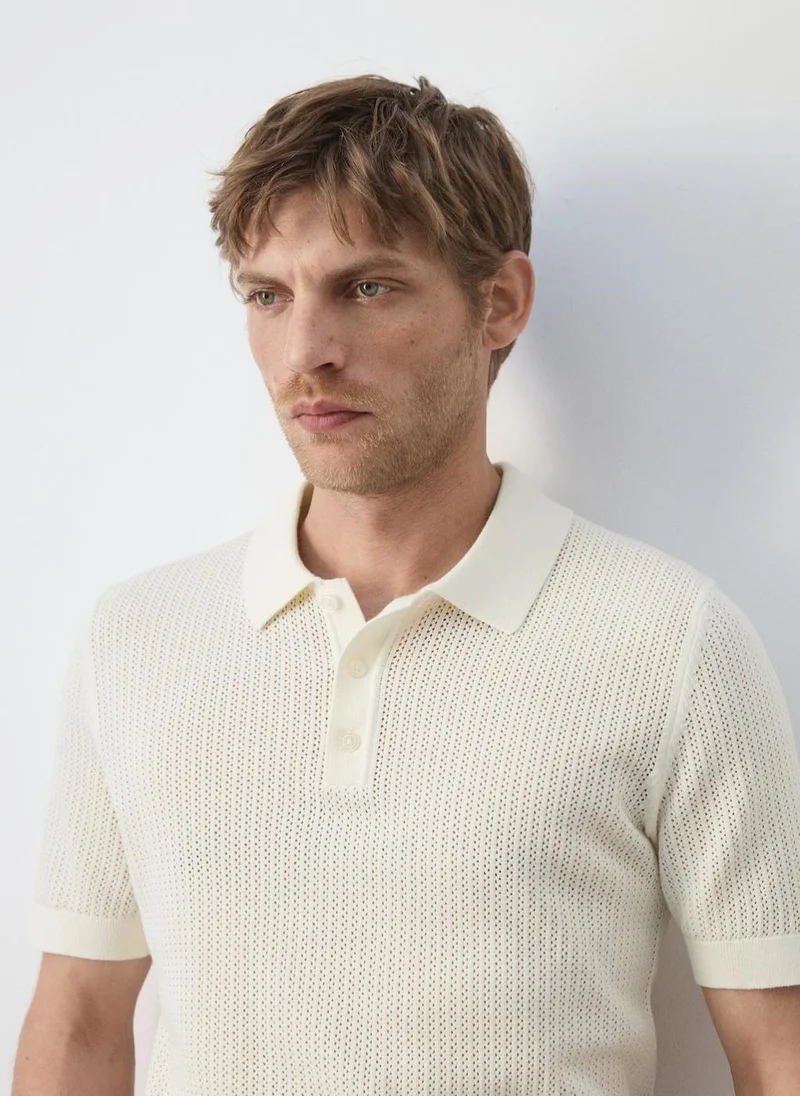 Mango Man 02-OFFWHITE Open-Knit 100% Cotton Polo for Men | Best Price UAE