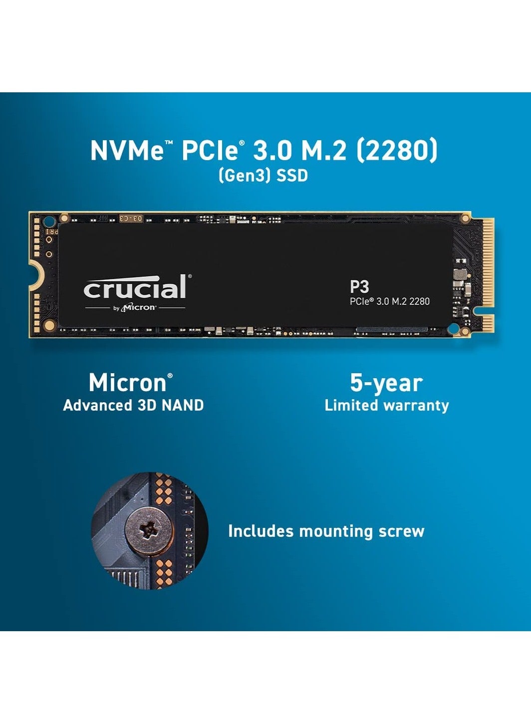 crucial Crucial P3 M.2 NVMe SSD 500GB – PCI-Express 3.0 3D NAND