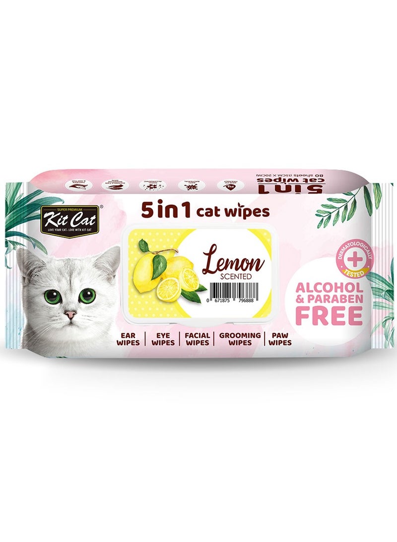 Kit Cat Cat Wipes 5 in 1 Lemon Scented 80 Sheets - Image 1