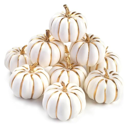 DomeStar 10PCS White Foam Pumpkins with Gold Lines Artificial Pumpkins Harvest Pumpkins Fake Maple Leaves for Decorating Fall Farmhouse Thanksgiving Home