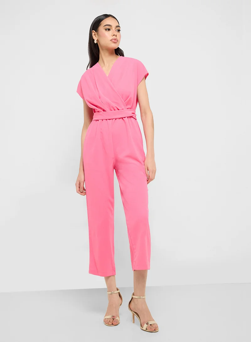 Ginger Pink V Neck Wrap Detail Jumpsuit for Women | Best Price UAE