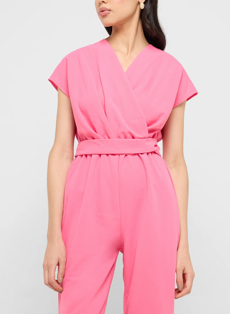 Ginger Pink V Neck Wrap Detail Jumpsuit for Women | Best Price UAE