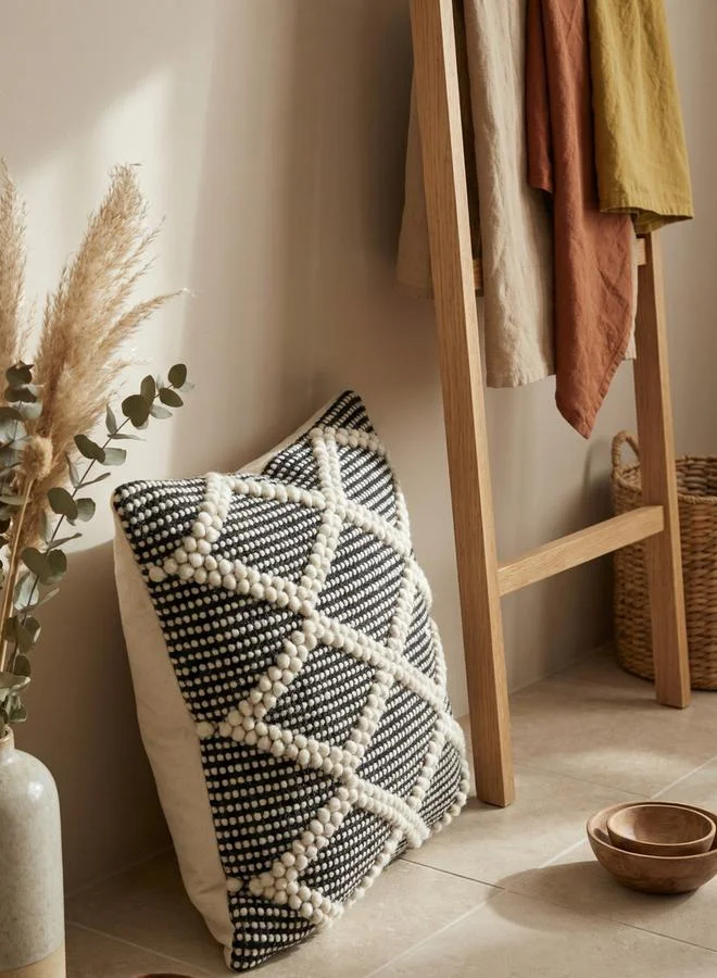 Sanskrutihomes Black and White Embroidered Cotton Square Cushion Cover, Large