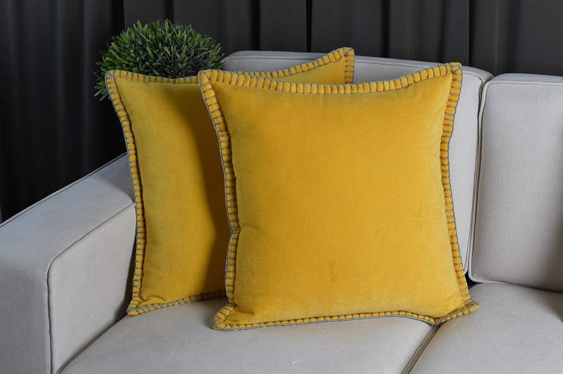 IMPEXART PVT LTD 100 Export Quality Velvet Super Soft Decorative Blanket Stitch Corner TwinSides Design Soft Throw Pillow Cases for Couch Cushion Covers for Sofa 16 x 16 Yellow Pack of 2 - Image 1