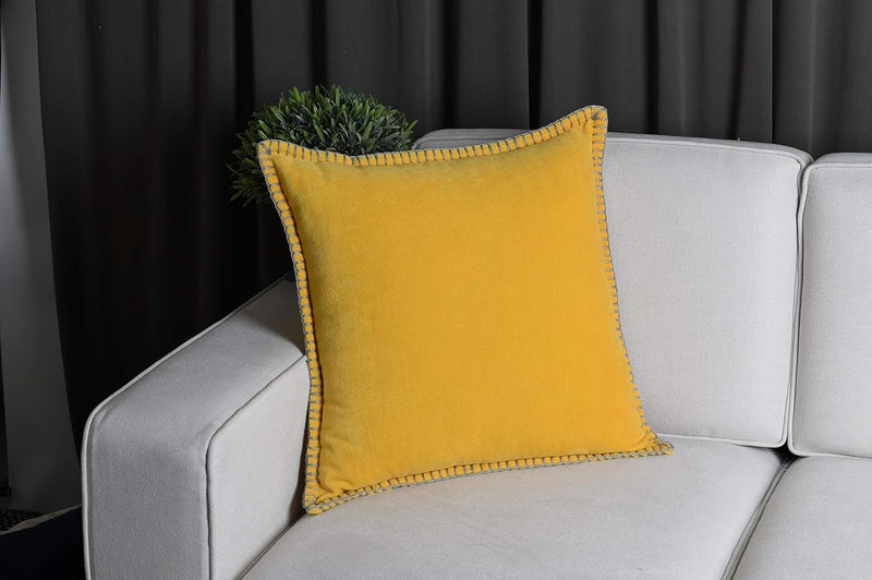 IMPEXART PVT LTD 100 Export Quality Velvet Super Soft Decorative Blanket Stitch Corner TwinSides Design Soft Throw Pillow Cases for Couch Cushion Covers for Sofa 16 x 16 Yellow Pack of 2 - Image 2