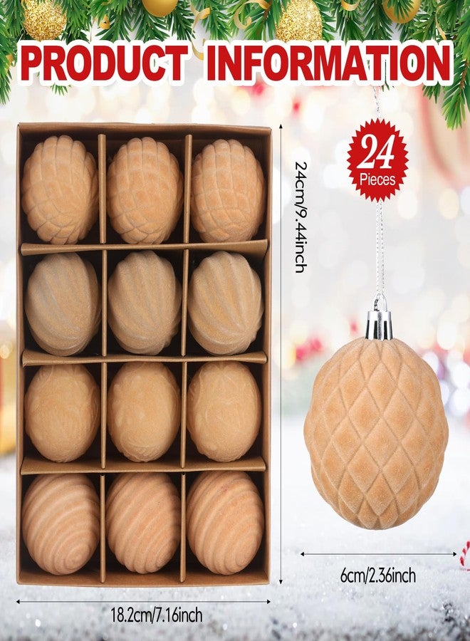 Vinsot 24 Pcs Khaki and Brown Velvet Christmas Ornaments Balls 2.36 Inch Flocked Christmas Tree Ball Hanging Ornaments Velvet Xmas Baubles for Xmas Party Wedding Home Decor - Image 2