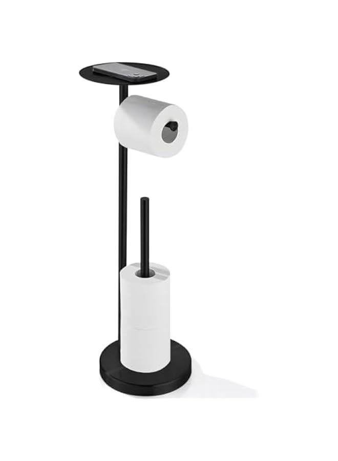 HOOKOR Toilet Paper Holder Stand with Shelf, Freestanding Toilet Paper Holder Stand with Big Tray, Heavy Base No Tipping Over, Tissue Dispenser Floor Stand, SUS304 Stainless Steel (Matte Black) - Image 1