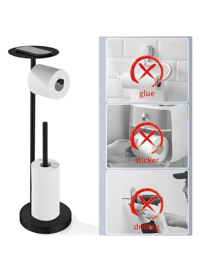 HOOKOR Toilet Paper Holder Stand with Shelf, Freestanding Toilet Paper Holder Stand with Big Tray, Heavy Base No Tipping Over, Tissue Dispenser Floor Stand, SUS304 Stainless Steel (Matte Black) - Image 2