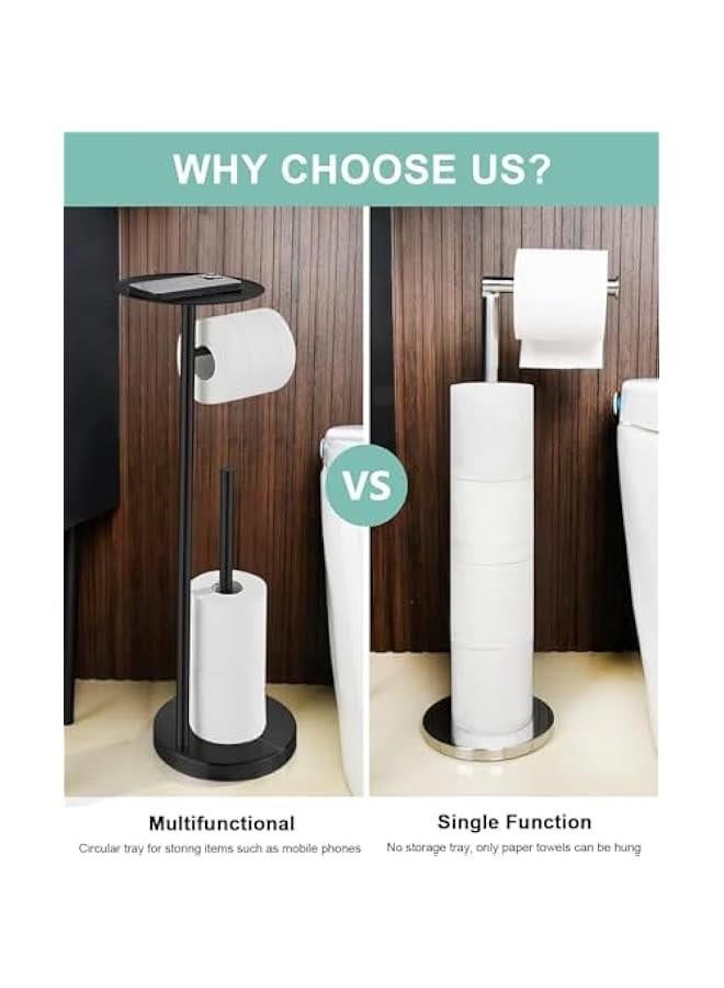 HOOKOR Toilet Paper Holder Stand with Shelf, Freestanding Toilet Paper Holder Stand with Big Tray, Heavy Base No Tipping Over, Tissue Dispenser Floor Stand, SUS304 Stainless Steel (Matte Black) - Image 4