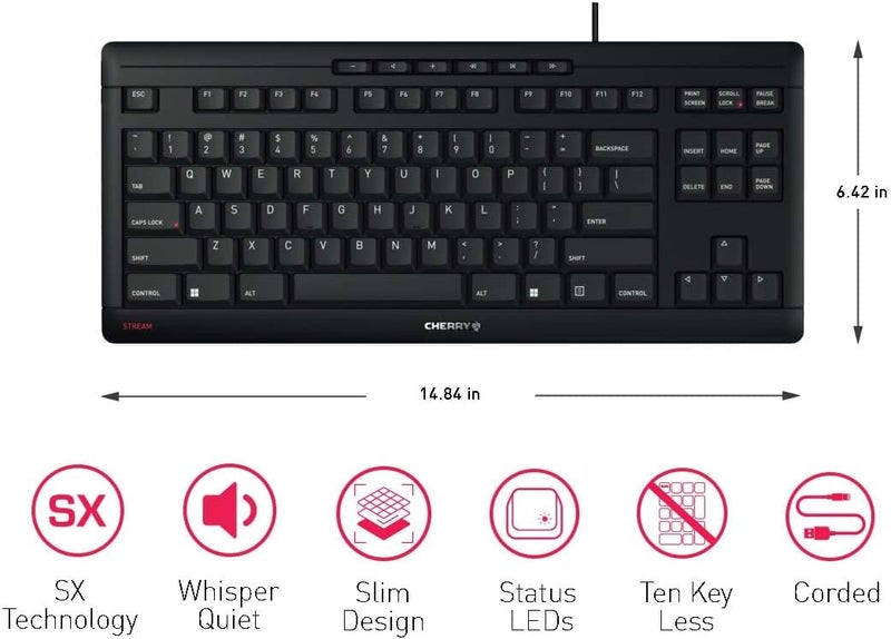 Cherry Stream Keyboard TKL Wired USB TenKeyLess Compact Version without Number Pad. Silent Keystroke. Ideal for Office and Industrial Use. - Image 4
