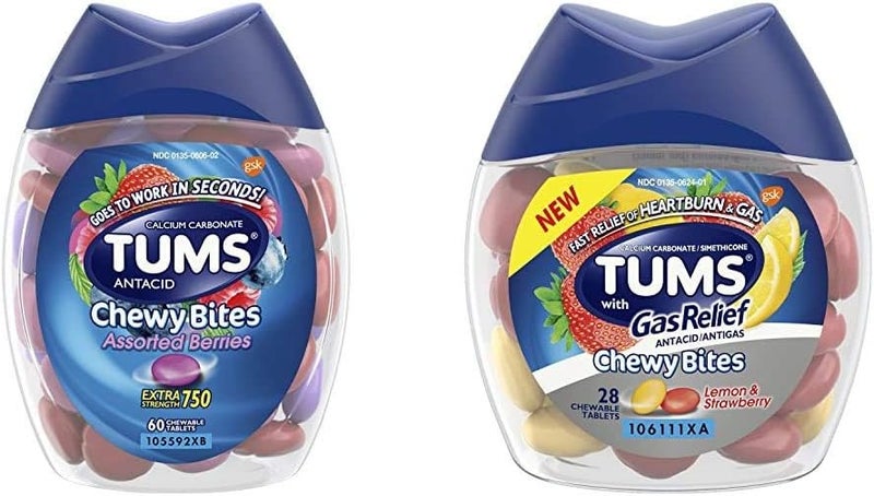 TUMS Chewy Bites Assorted Berries Antacid Hard Shell Chews for Heartburn Relief 60 Count and Tums Chewy Bites Antacid with Gas Relief Lemon and Strawberry 28 Chewable Tablets