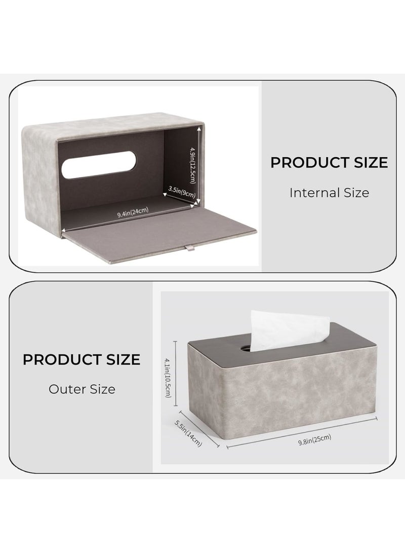 SYOSI غطاء صندوق المناديل، حامل مناديل مستطيل من جلد PU مزخرف للحمام وغرفة المعيشة وغرفة النوم والسيارة والمكتب، علبة مناديل متينة وسهلة التنظيف 24.9 × 14 × 10.4 سم (رمادي وحبيبات الخشب) - Image 3