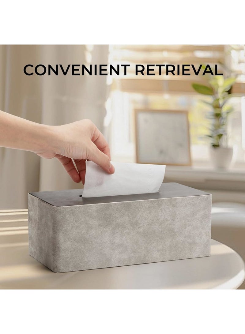SYOSI غطاء صندوق المناديل، حامل مناديل مستطيل من جلد PU مزخرف للحمام وغرفة المعيشة وغرفة النوم والسيارة والمكتب، علبة مناديل متينة وسهلة التنظيف 24.9 × 14 × 10.4 سم (رمادي وحبيبات الخشب) - Image 5