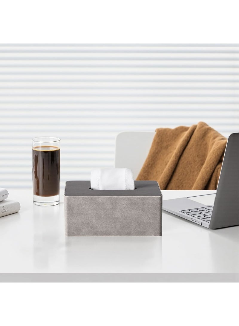 SYOSI غطاء صندوق المناديل، حامل مناديل مستطيل من جلد PU مزخرف للحمام وغرفة المعيشة وغرفة النوم والسيارة والمكتب، علبة مناديل متينة وسهلة التنظيف 24.9 × 14 × 10.4 سم (رمادي وحبيبات الخشب) - Image 2