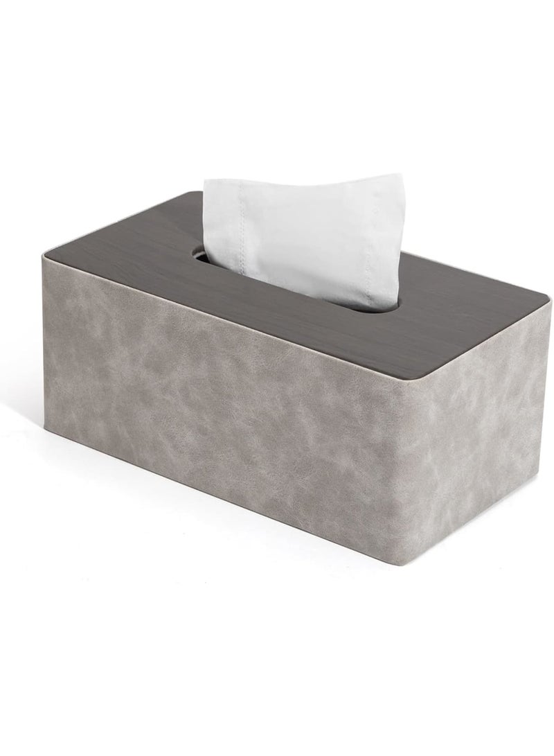 SYOSI غطاء صندوق المناديل، حامل مناديل مستطيل من جلد PU مزخرف للحمام وغرفة المعيشة وغرفة النوم والسيارة والمكتب، علبة مناديل متينة وسهلة التنظيف 24.9 × 14 × 10.4 سم (رمادي وحبيبات الخشب) - Image 1