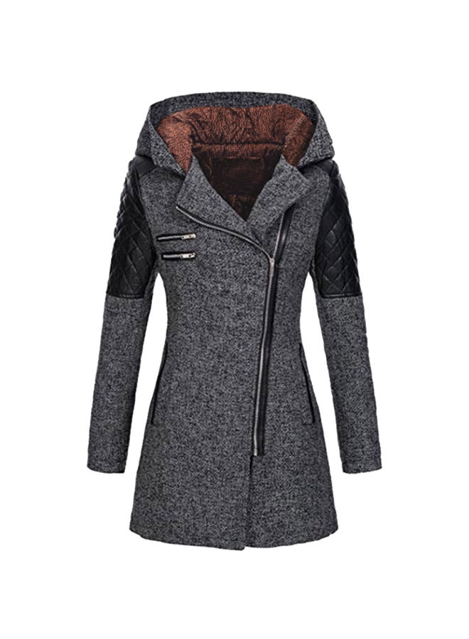 Women's Autumn And Winter Mid-length Hooded Loose Slant Zipper Wool Coat Coat Composite Plush Cotton-padded Jacket