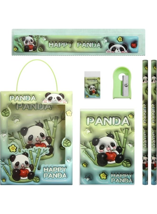 باندا 6 في 1 الأخضر الباندا القرطاسية مجموعة هدية مربع يتضمن 1 لطيف الباندا دفتر صغير 2 الباندا قلم رصاص 1 ممحاة 1 البلاستيك حاكم 1 براية أقلام للطفل طالب - Image 1