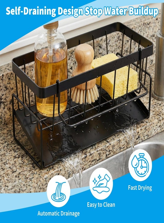 Piszvbej Dish Soap Holder - Kitchen Sink Caddy Organizer, Kitchen Countertop Organizer, with Stainless Steel Self Drain Tray, Rust-Free, for Sponge, Dish Soap Dispenser and Brush Storage Accessories, Black - Image 2