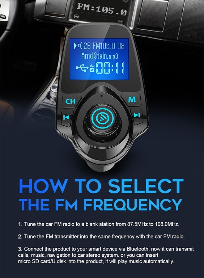 Bluetooth Car FM Transmitter Audio Adapter Receiver Wireless Handsfree Voltmeter Car Kit TF Card AUX 1.3 Display - Black Matte  - Image 2