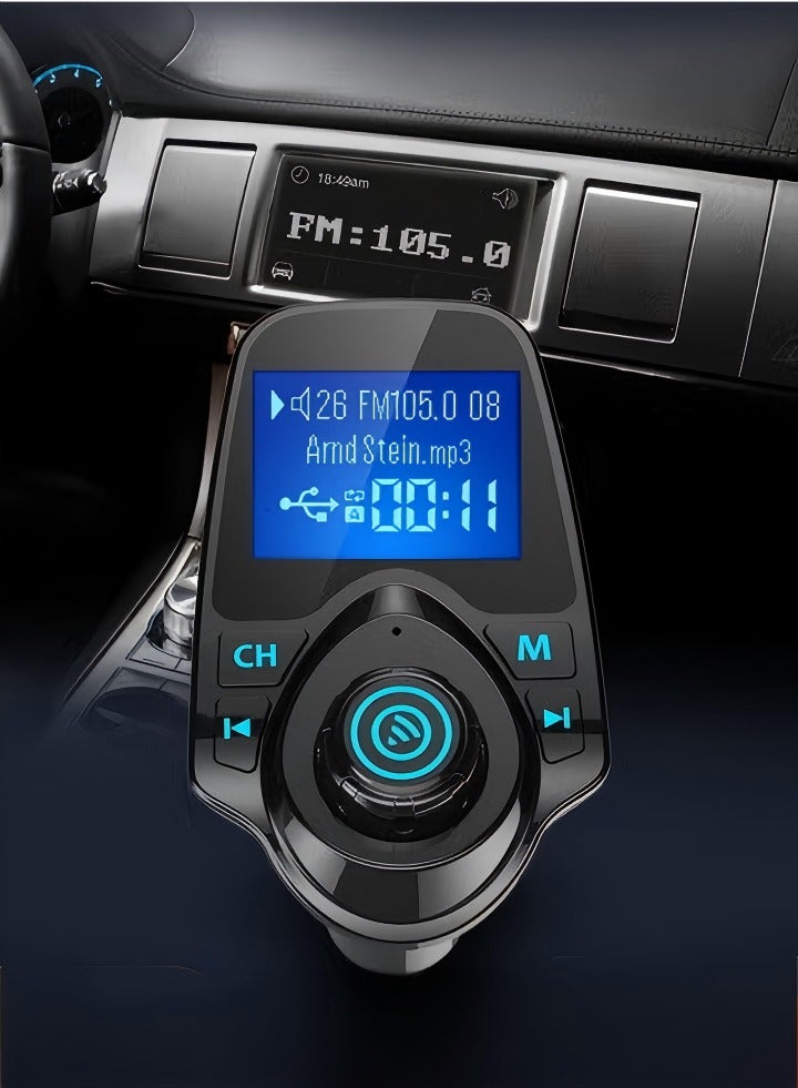 Bluetooth Car FM Transmitter Audio Adapter Receiver Wireless Handsfree Voltmeter Car Kit TF Card AUX 1.3 Display - Black Matte  - Image 1